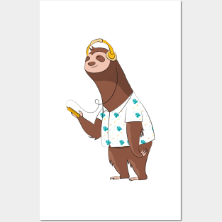 Kawaii Cute Sloth Listening To Music Posters and Art